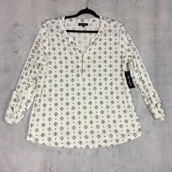 Lily Morgan NEW Quarter Zip Top Sz XL V Neck Roll Tab Sleeves Cream Print - Picture 1 of 11